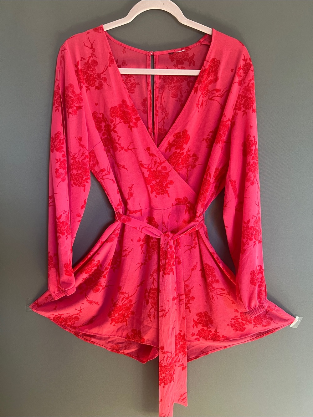 Women's Pink Floral Wrap Romper with Tie Belt